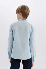 Boys 23 April Children's Day Upright Collar Linen Look Long Sleeve Basic Plain Shirt