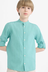 Boys 23 April Children's Day Upright Collar Linen Look Long Sleeve Basic Plain Shirt