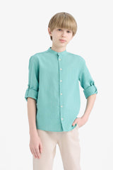 Boys 23 April Children's Day Upright Collar Linen Look Long Sleeve Basic Plain Shirt