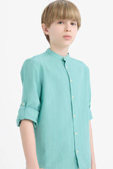 Boys 23 April Children's Day Upright Collar Linen Look Long Sleeve Basic Plain Shirt