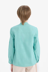 Boys 23 April Children's Day Upright Collar Linen Look Long Sleeve Basic Plain Shirt