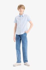 Basic Plain Short Sleeve Shirt With Men's Children Polo Collar Linen Look