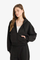 Cool Cropped Fit Hooded Thick Zippered Sweatshirt
