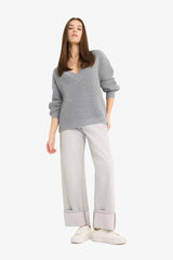 Oversize Wide Pattern V Neck Knitwear Sweater