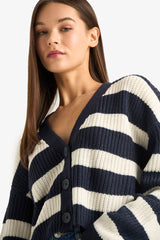 Regular Fit V-Neck Striped Buttoned Knit Cardigan