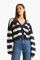 Regular Fit V-Neck Striped Buttoned Knit Cardigan