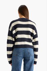 Regular Fit V-Neck Striped Buttoned Knit Cardigan