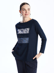 Crew Neck Printed Long Sleeve Women T-Shirt