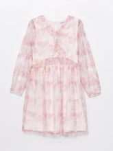 V-Neck Patterned Long Sleeve Girls Tulle Dress