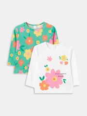 Crew Neck Long Sleeve Baby Girls T-Shirt, Pack Of 2