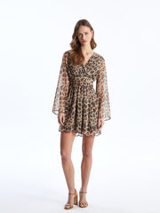 Double Breasted Collar Patterned Long Sleeve Women Dress