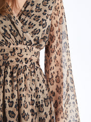 Double Breasted Collar Patterned Long Sleeve Women Dress