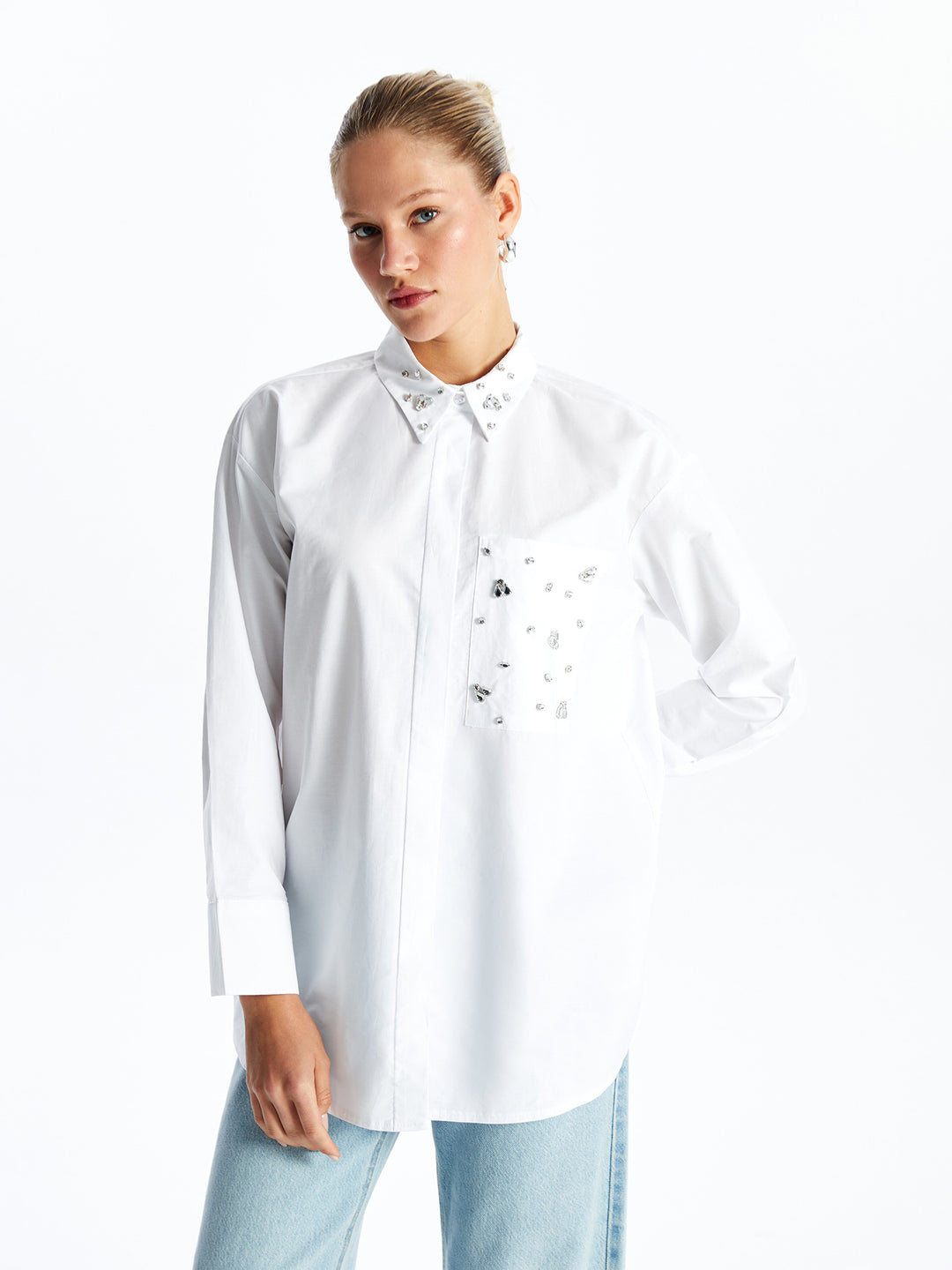 Shiny Stone Printed Oversize Women Shirt Tunic