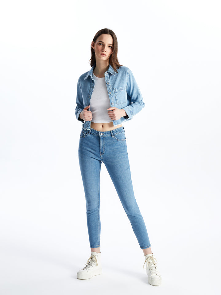 Shirt Collar Plain Long Sleeve Crop Women Jean Jacket