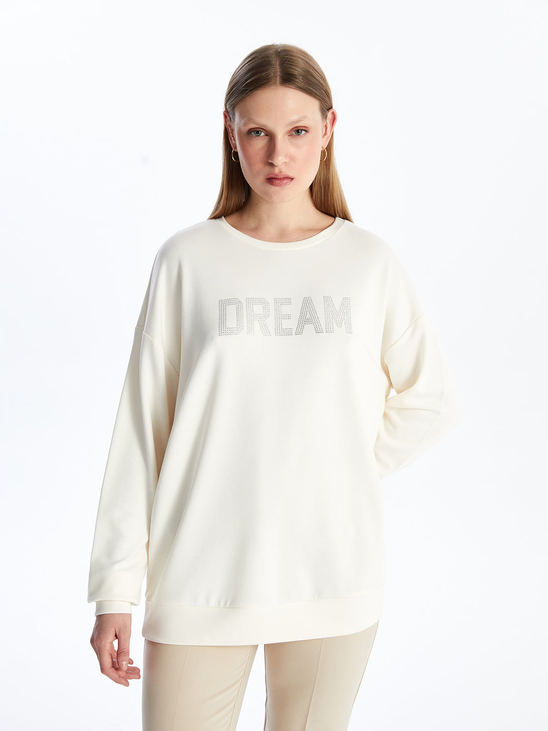 Crew Neck Shiny Stone Printed Women Sweatshirt