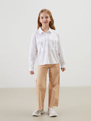 LCW Kids White Basic Long Sleeve Girl Crop Shirt