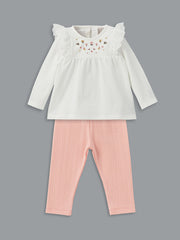 LCW baby Ecru Crew Neck Floral Baby Girl Blouse and Leggings 2-Pack