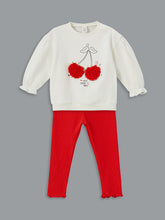 LCW baby Ecru Crew Neck Cherry Printed Baby Girl Sweatshirt and Tights 2-Pack