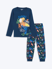 LCW Kids Navy Blue Crew Neck Dinosaur Printed Boys Pajama Set