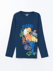 LCW Kids Navy Blue Crew Neck Dinosaur Printed Boys Pajama Set