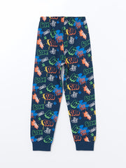 LCW Kids Navy Blue Crew Neck Dinosaur Printed Boys Pajama Set