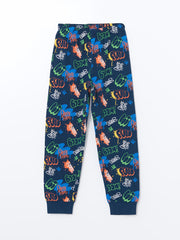 LCW Kids Navy Blue Crew Neck Dinosaur Printed Boys Pajama Set