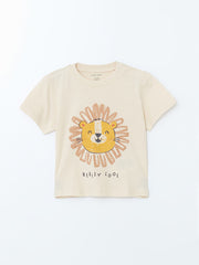 LCW baby Beige Crew Neck Printed Baby Boy T-Shirt and Shorts 2-Pack