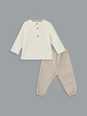 LCW baby Ecru Mandarin Collar Baby Boy T-Shirt and Pants 2-Pack