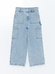 Adjustable Waist Elastic Girls Cargo Jean Pants