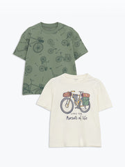 LCW Kids Beige Crew Neck Long Sleeve Printed Boy T-Shirt 2-Pack