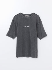 LCW Vision Anthracite Crew Neck Printed Oversize Women T-Shirt