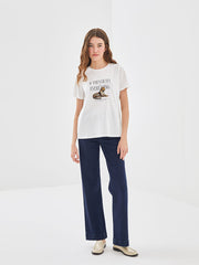 LCW Vision Ecru Crew Neck Leopard Printed Women T-Shirt