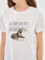 LCW Vision Ecru Crew Neck Leopard Printed Women T-Shirt