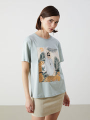 LCW Vision Green Crew Neck Printed Women T-Shirt