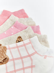 Bear Teddy Patterned Girls Booties Socks 5-Pack