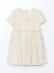 LCW Kids Beige Embroidered Combed Tulle Girl Dress