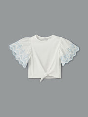 LCW Kids White Crew Neck Girls Crop T-Shirt