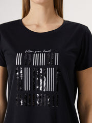 LCWAIKIKI Classic Black Crew Neck Sequin Embroidered Women T-Shirt