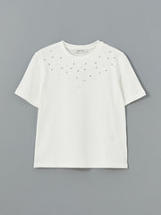 LCW Vision Ecru Crew Neck Stoned Women T-Shirt