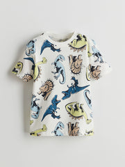 LCW Kids Ecru Crew Neck Dinosaur Printed Boys T-Shirt 3-Pack