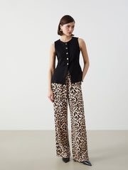 LCW Vision Brown Elastic Waist Leopard Patterned Linen Blend Women Trousers