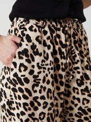 LCW Vision Brown Elastic Waist Leopard Patterned Linen Blend Women Trousers