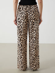 LCW Vision Brown Elastic Waist Leopard Patterned Linen Blend Women Trousers