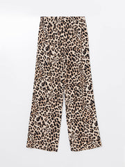 LCW Vision Brown Elastic Waist Leopard Patterned Linen Blend Women Trousers