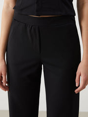 LCW Vision Black Elastic Waist Wide Leg Women Trousers