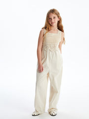LCW Kids Square Neck Lace Detailed Linen Blend Girl Jumpsuit
