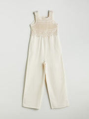 LCW Kids Square Neck Lace Detailed Linen Blend Girl Jumpsuit