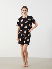 LCW Young Crew Neck Bear Printed Women Pajama Set With Shorts
