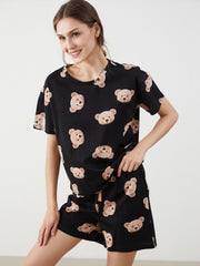 LCW Young Crew Neck Bear Printed Women Pajama Set With Shorts