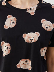LCW Young Crew Neck Bear Printed Women Pajama Set With Shorts